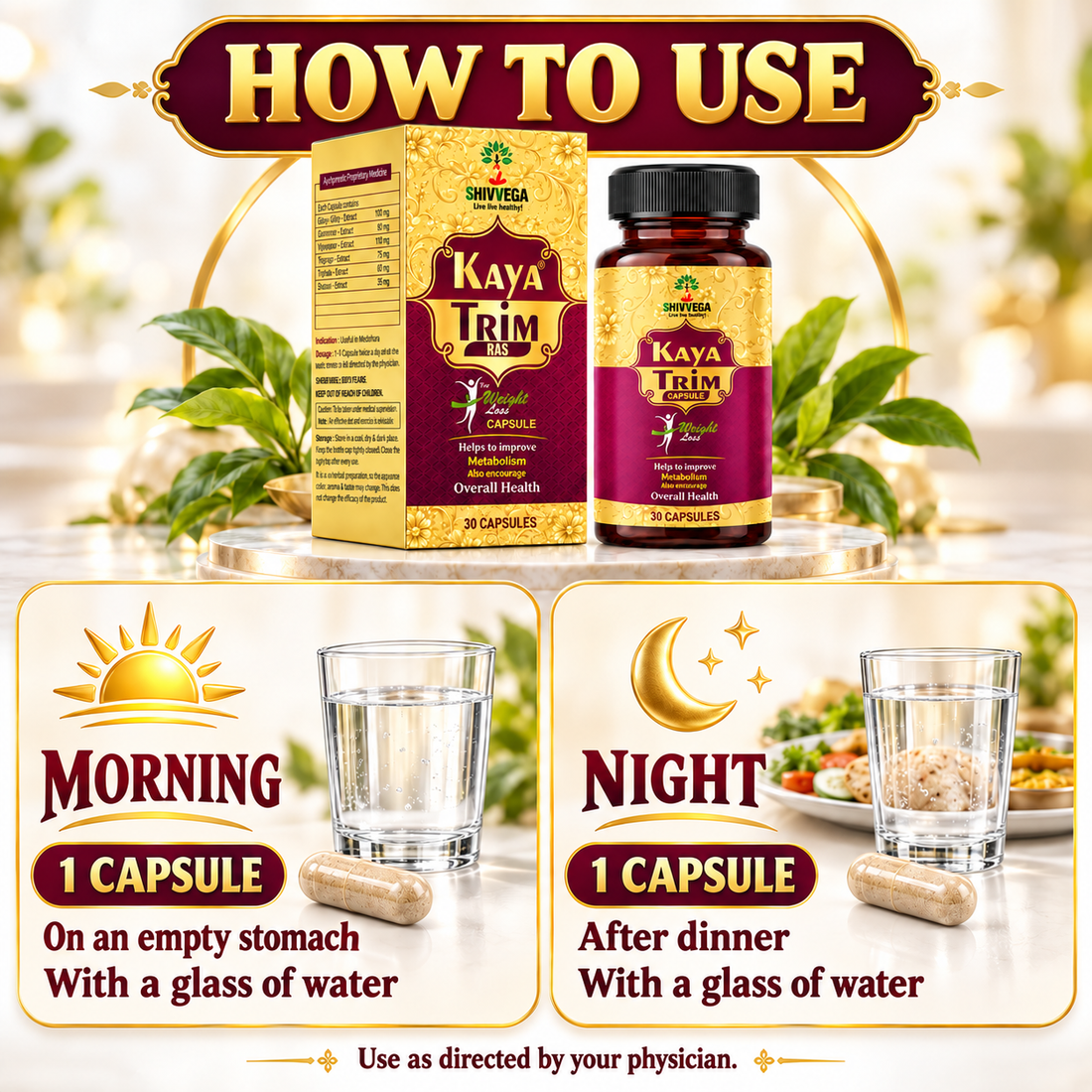Shivveda Kaya Trim Ras 30-capsule bottle and gold carton with loose capsules on a white background