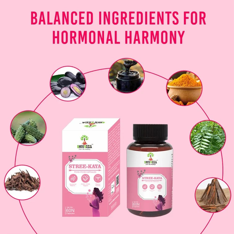 SHIVVEDA STREE KAYA Capsules - Best Ayurvedic Medicine for PCOD, PCOS, Hormonal Balance, Period Pain Relief, Hair and Skin Health