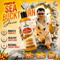 Shivveda Sea Buckthorn Juice bottle in an orange promotional design with a man and sea buckthorn berries