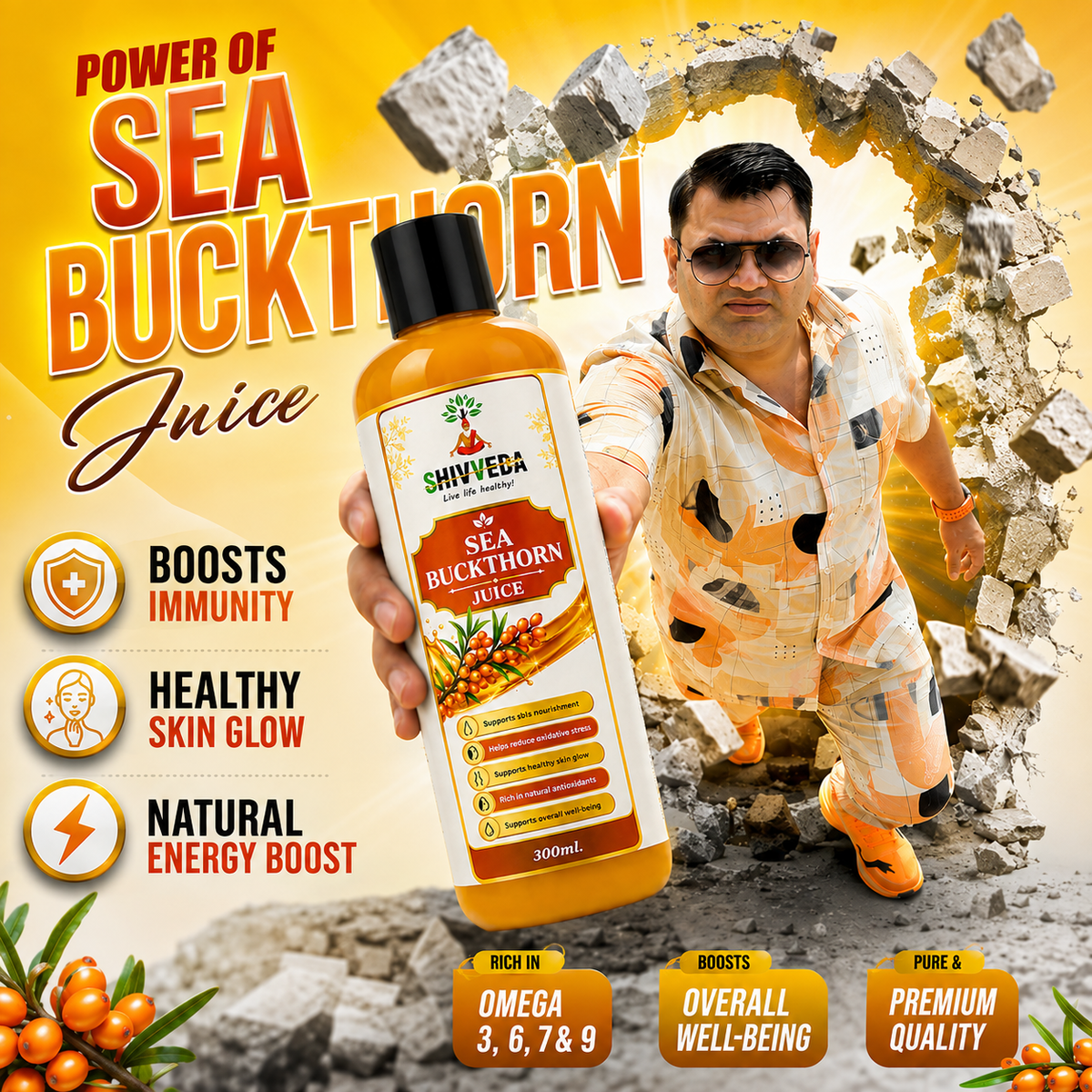 Shivveda Sea Buckthorn Juice bottle in an orange promotional design with a man and sea buckthorn berries