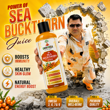 Shivveda Sea Buckthorn Juice bottle in an orange promotional design with a man and sea buckthorn berries