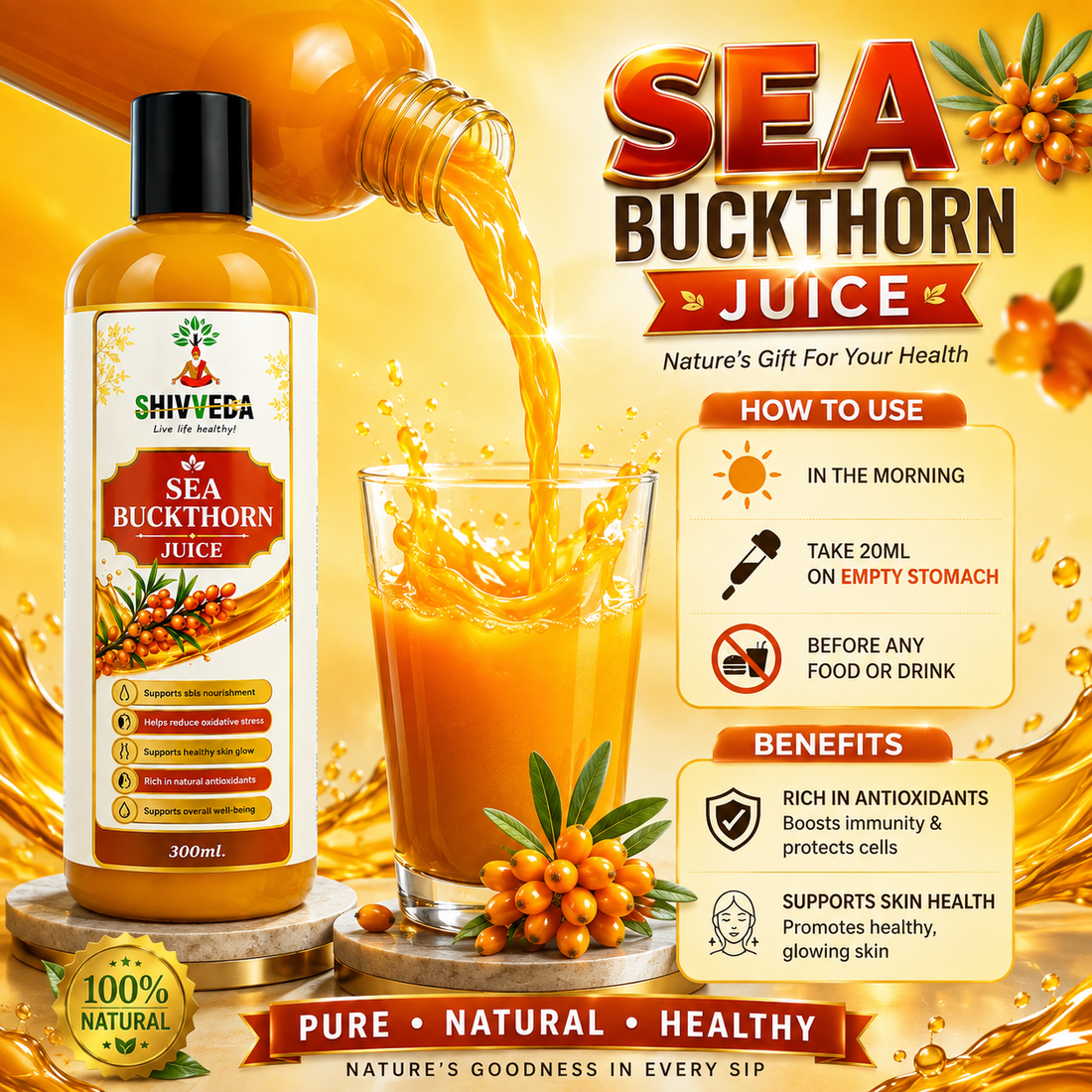 Shivveda Sea Buckthorn Juice bottle in an orange promotional design with a man and sea buckthorn berries