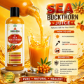 Shivveda Sea Buckthorn Juice bottle, berries and a poured glass of juice with usage information