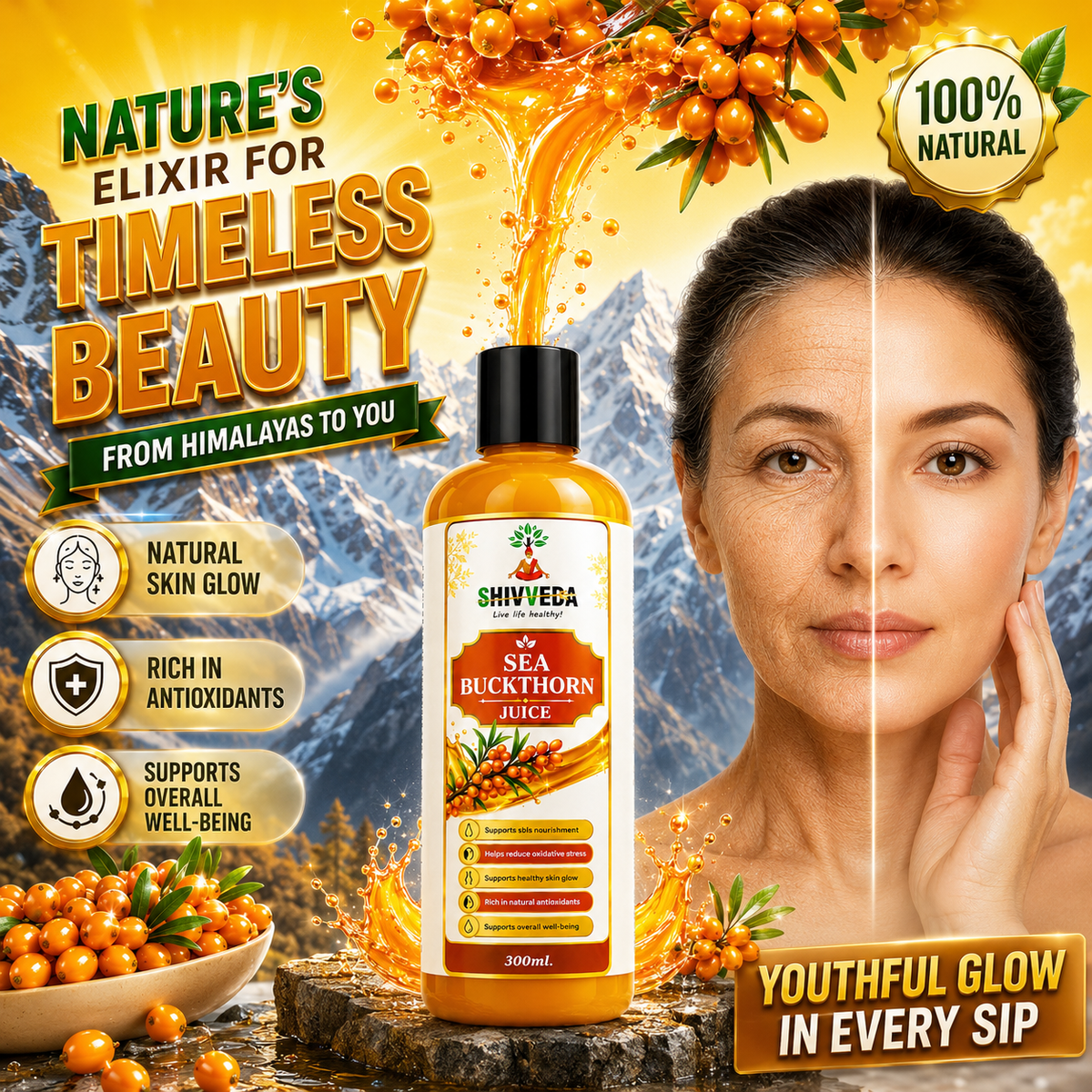 Shivveda Sea Buckthorn Juice bottle and berries beside a woman's face in a skincare themed graphic