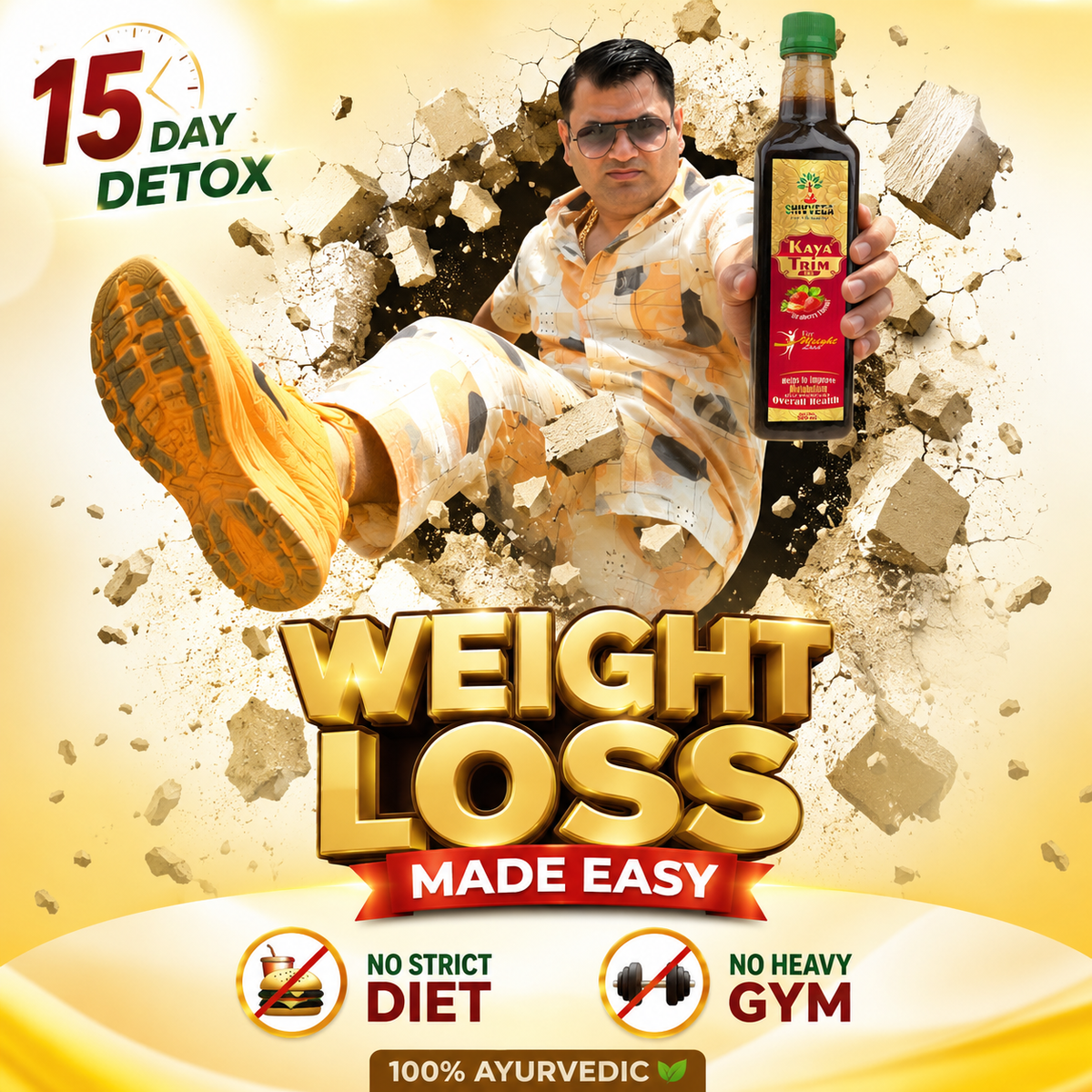 Shivveda Kaya Trim Ras syrup bottle with a man against a gold promotional background